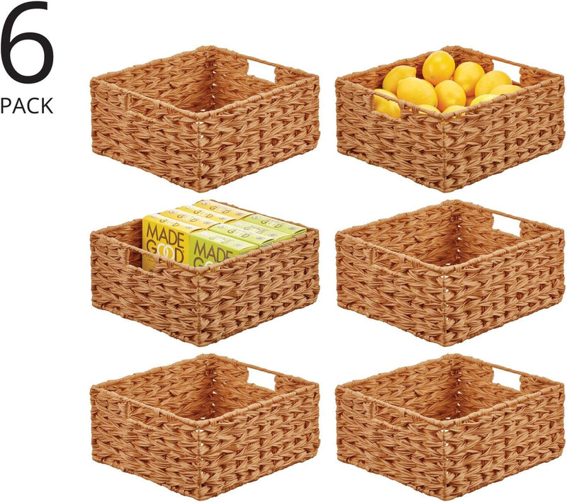 Woven Farmhouse Kitchen Pantry Food Storage Organizer Basket Bin Box - Container Organization for Cabinets, Cupboards, Shelves, Countertops - Store Potatoes, Onions, Fruit, 6 Pack, Camel Brown