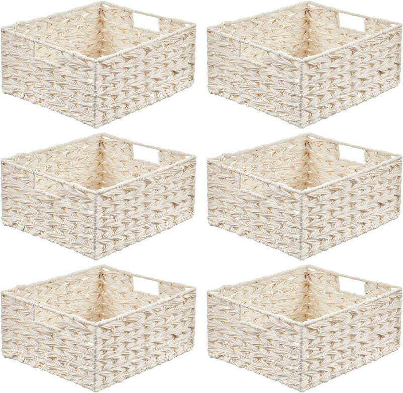 Woven Farmhouse Kitchen Pantry Food Storage Organizer Basket Bin Box - Container Organization for Cabinets, Cupboards, Shelves, Countertops - Store Potatoes, Onions, Fruit - 6 Pack - White