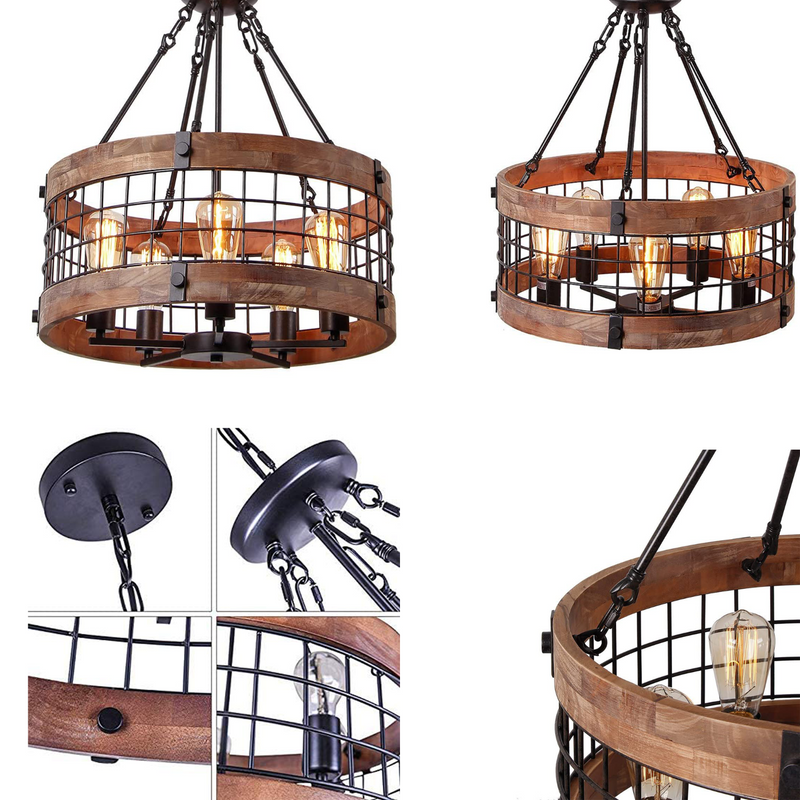 5-Light Modern Farmhouse Chandelier Round Shade, Wood Drum Chandeliers Pendant Lighting ,Hanging Light ,Vintage Industrial Wooden Ceiling Light with Iron Cage Pendant. 