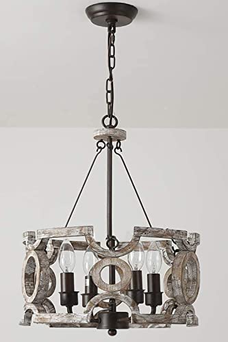 6-Light Farmhouse Chandelier Round Shade, Hand-Painted White Oak Wood.