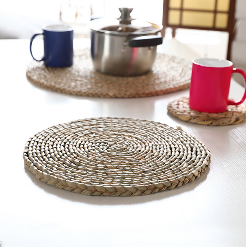 Handmade Natural Cattail Straw Round  Woven Placemats  8 Pieces 14 Inch.