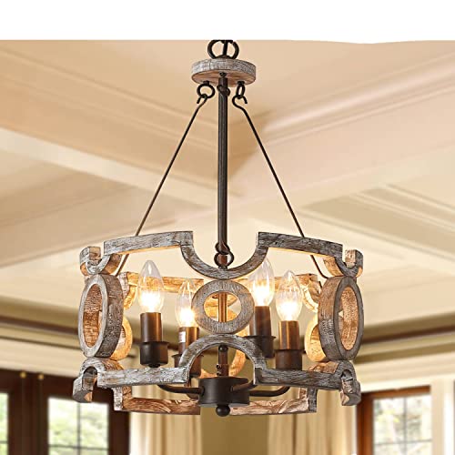 6-Light Farmhouse Chandelier Round Shade, Hand-Painted White Oak Wood.
